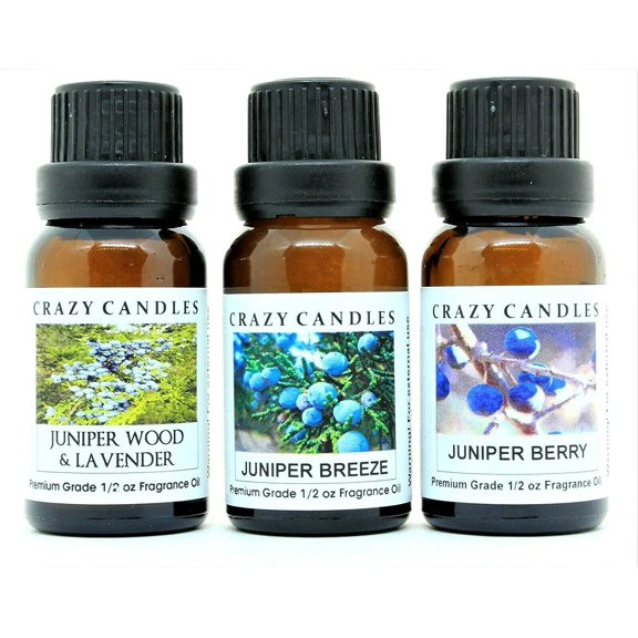 Crazy Candles 3 Bottles Set, 1 Juniper Wood & Lavender, 1 Juniper Berry, 1 Juniper Breeze 1/2 Fl Oz Each (15ml) Premium Grade Scented Fragrance Oils
