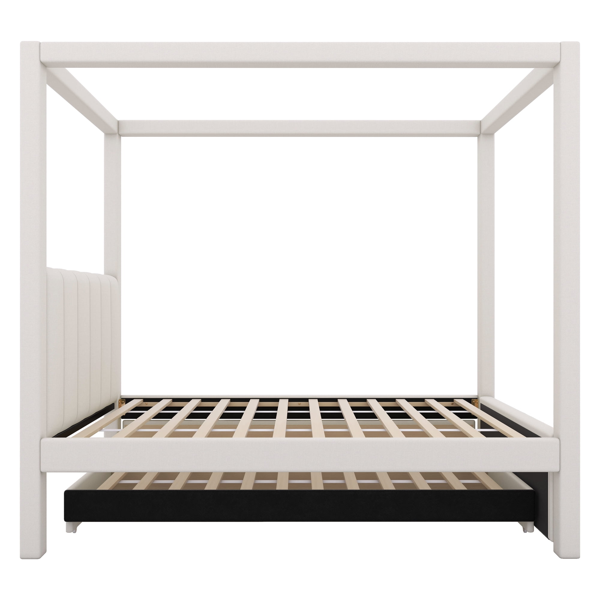 EUROCO Upholstered Twin Size Canopy Bed Frame with Trundle Bed and 3 Drawers, Platform Bed with Headboard for Kids Teens Adults, Beige