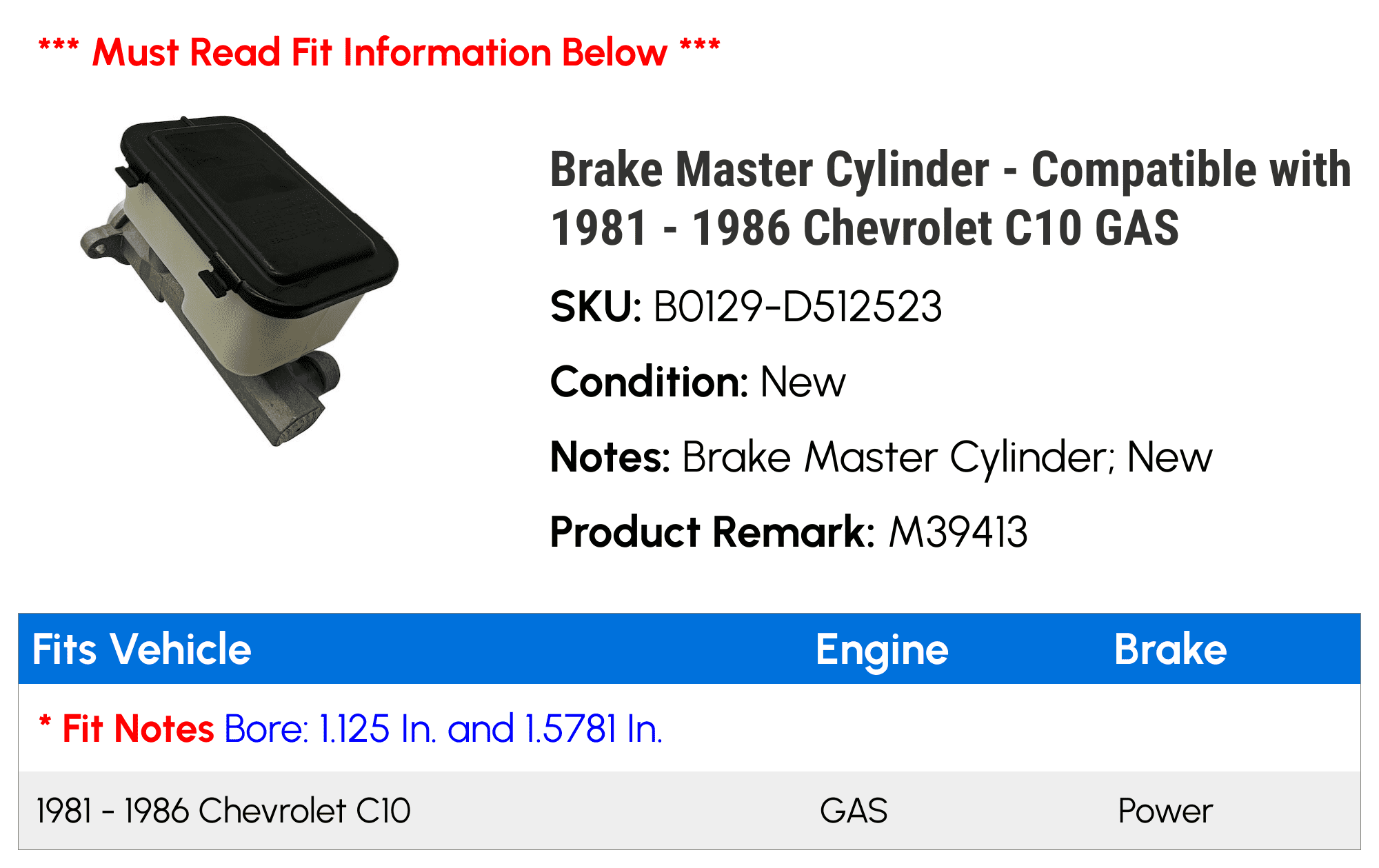 Brake Master Cylinder - Compatible with 1981 - 1986 Chevrolet C10 GAS - Replacement