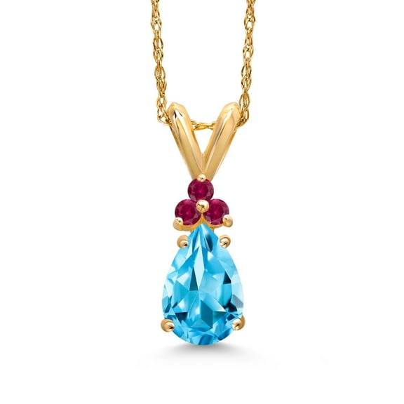 Gem Stone King 14K Yellow Gold Swiss Blue Topaz and Red Created Ruby Pendant Necklace for Women | 1.04 Cttw | Gemstone November Birthstone | Pear Shape 8X5MM | With 18 inch Chain