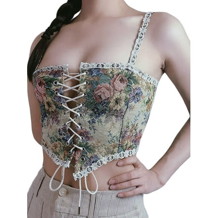 

CAITZR Women Bustier Corset Tank Vest Retro Vintage Floral Spaghetti Strap Push-up Cincher Belt Crop Top Y2K Camisole