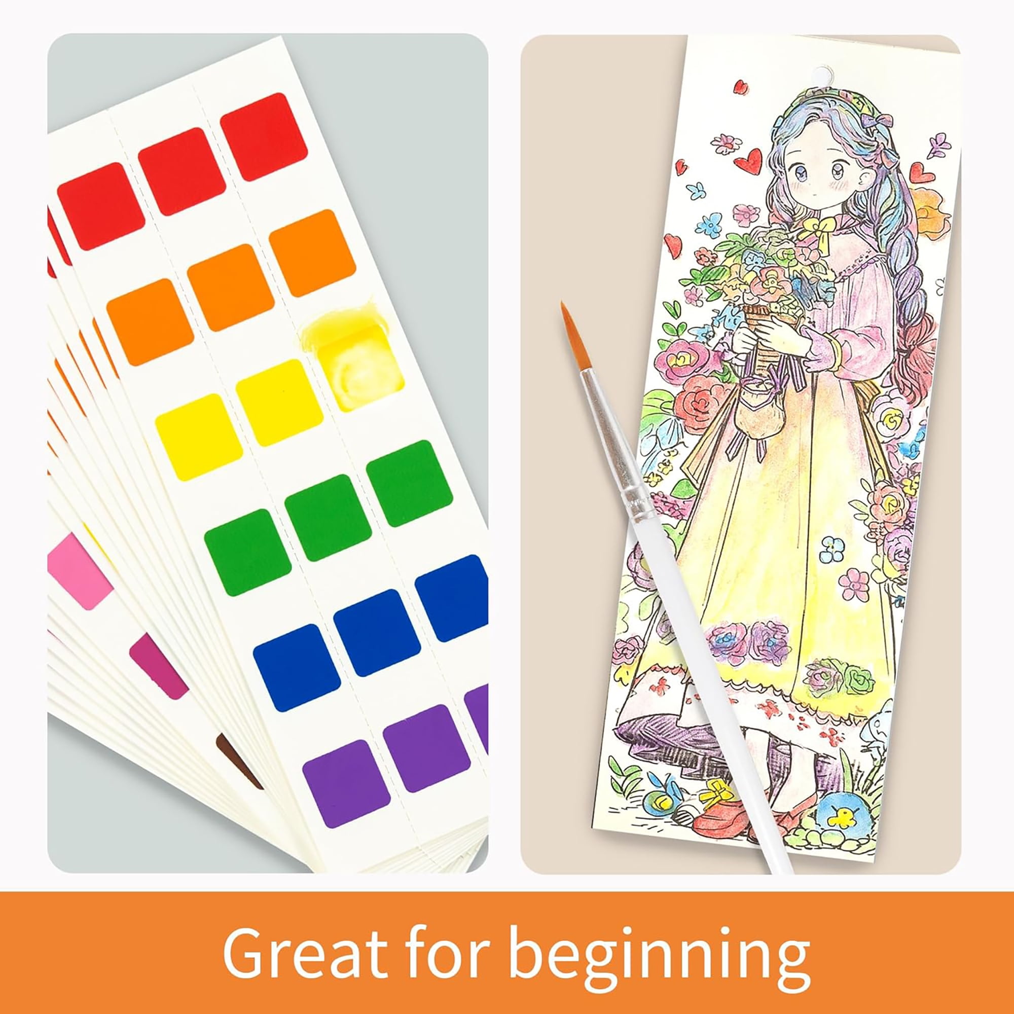 COIPLAY: Watercolor Painting Art Kit - Fairytale Princess - Tin Box, 52 Character Bookmarks, 648 Color Blocks, 3 Brushes, Silicone Cup, Adults-Kids 6+
