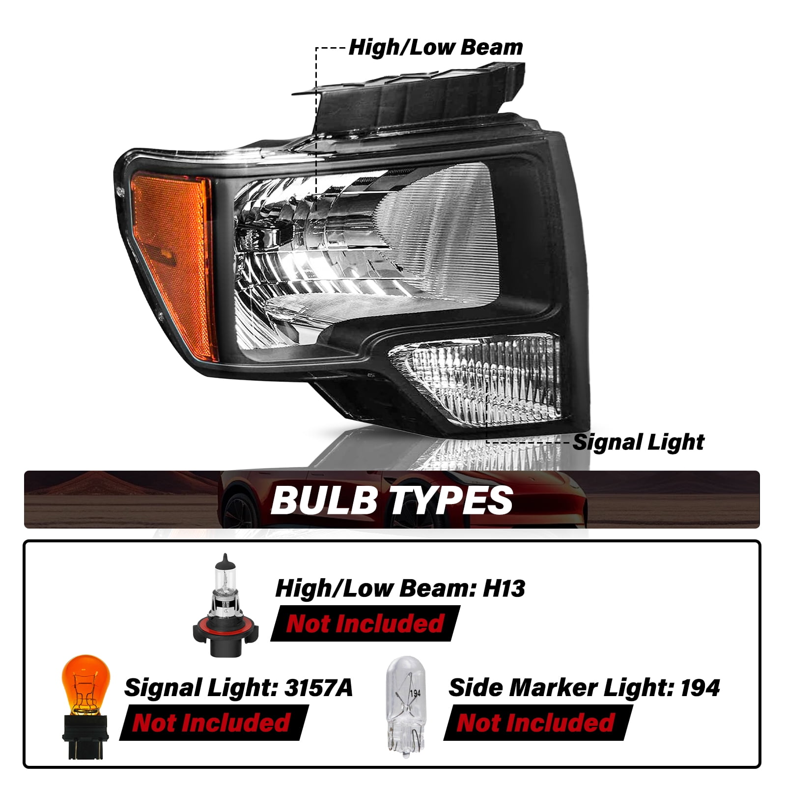 For 09-14 Ford F-150 F150 Pickup Black Headlights Assembly Lamps Left+Right Pair