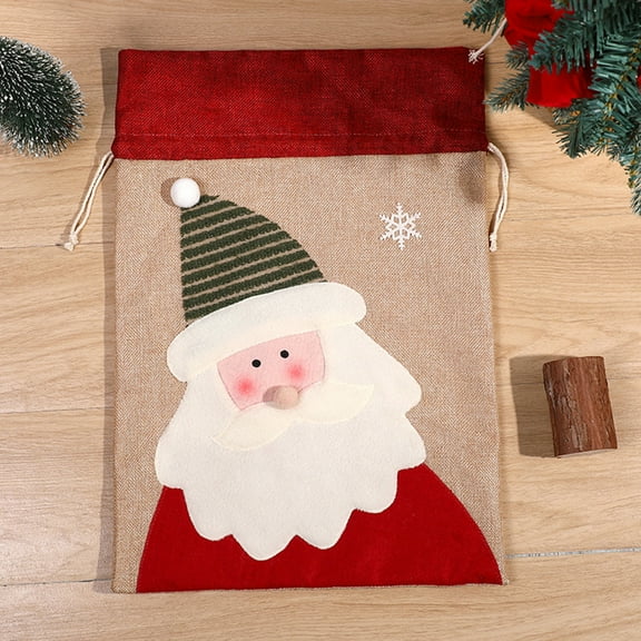 Christmas Gift Bag, Christmas Pendant, Large Drawstring Cloth Santa Snowman Elks Candy Snack Packaging Bag, Red Khaki Cloth Material 50x34cm
