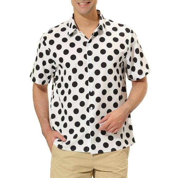 INSPIRE CHIC Men's Summer Polka Dots Shirt Button Down Short Sleeves Pattern Shirts M White