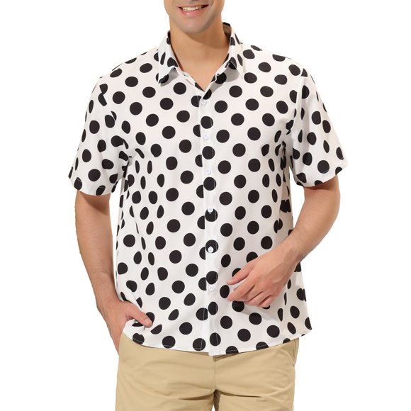 INSPIRE CHIC Men's Summer Polka Dots Shirt Button Down Short Sleeves Pattern Shirts XL White