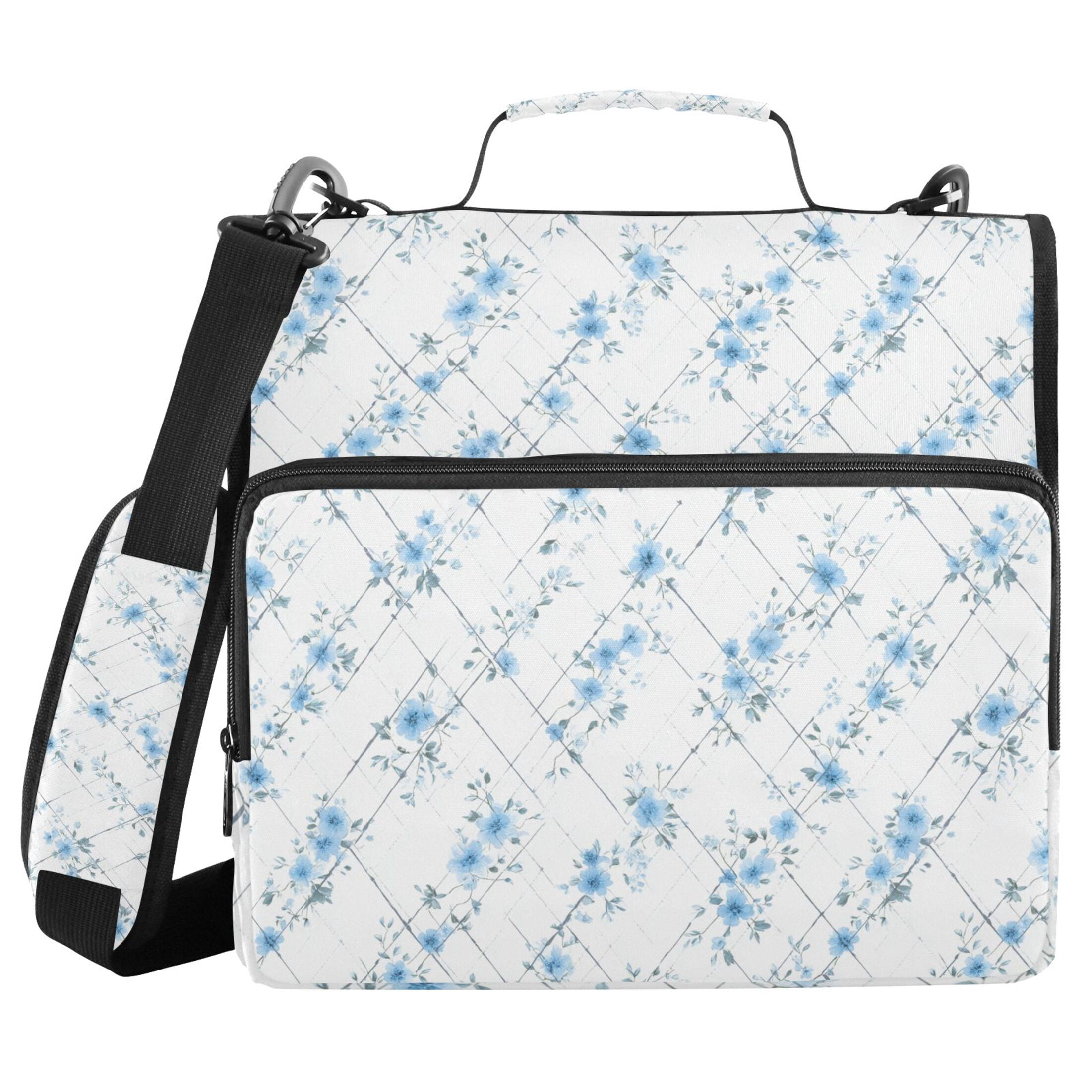 Zipper Binder Flowers Light Blue 1.5 Inch Binder Folder Bag with Shoulder Strap and Handle