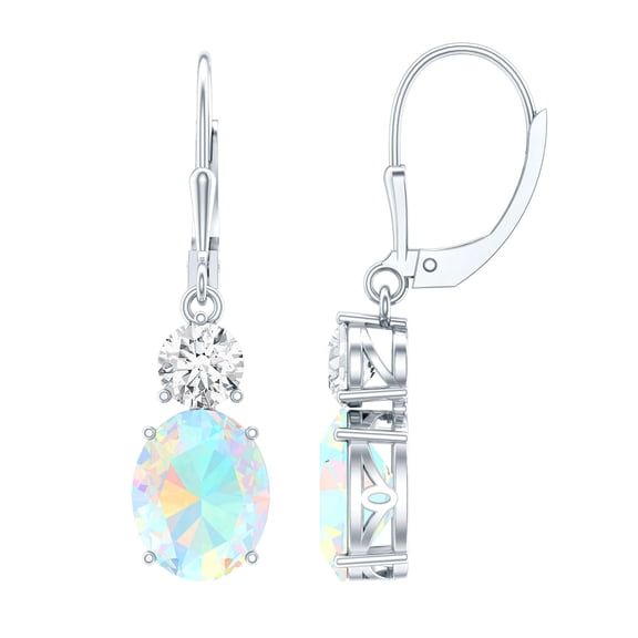 Womens Ethiopian Opal Drop Earrings with Moissanite - 2 Carat - AAA Grade, 10K White Gold