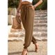 thumbnail image 5 of Pantalones largos de cintura alta para mujer, Color puro, elásticos, 2 bolsillos, sencillos, cómodos, de Color liso, con lazo en el tobillo, color marrón XL, 5 of 8