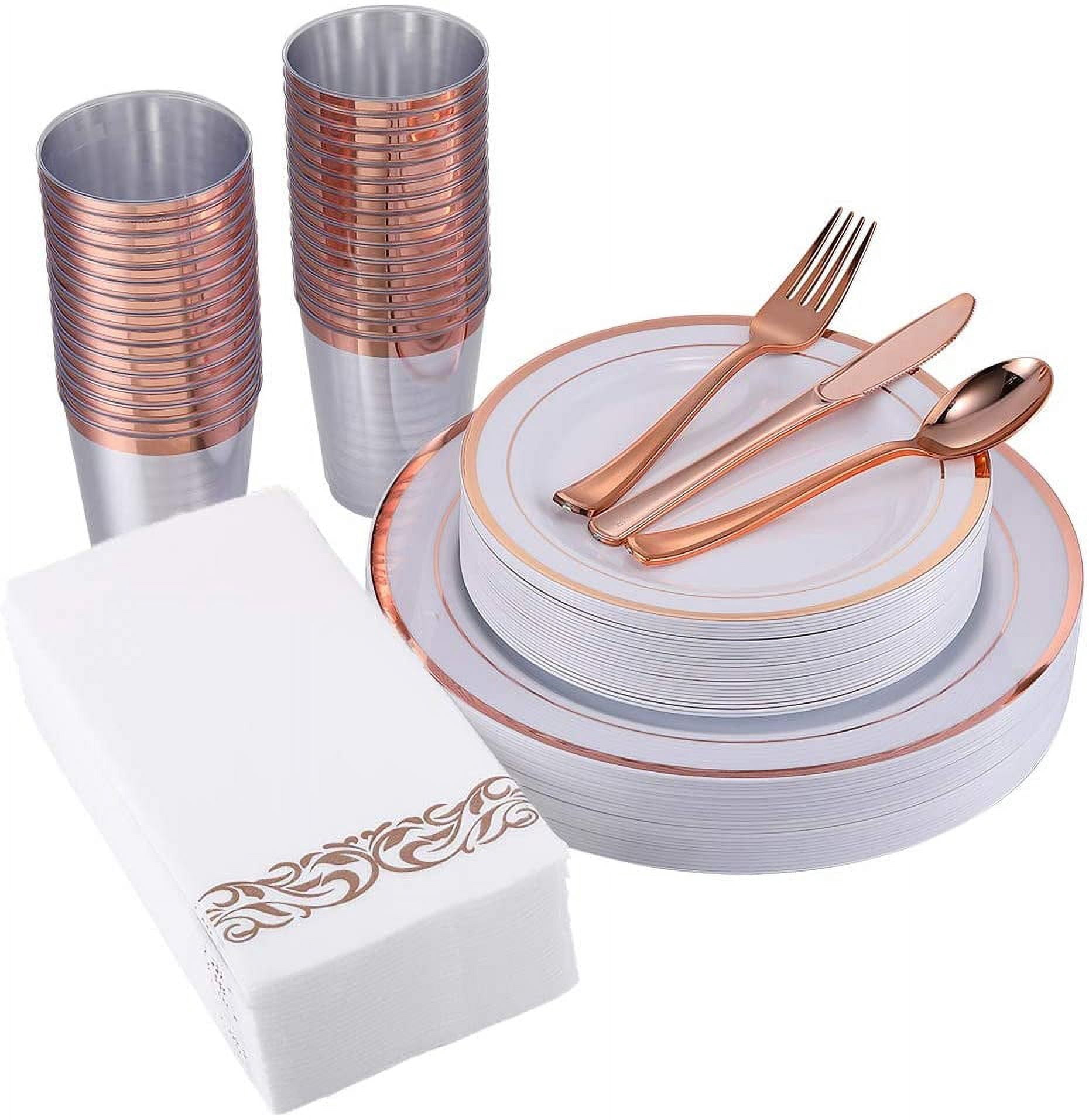 Focusline [175pack] Disposable Dinnerware Set 25 Guest-50 Rose Gold Rim Plastic Plates-25 Rose Gold Plastic Silverware-25 Rose Gold Plastic Cups-25 Linen Feel Paper Napkins