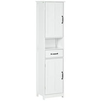 Bathroom Storage Cabinet, Tall Linen Tower - White - Slim Corner Cabinet with Adjustable Shelves & Drawer