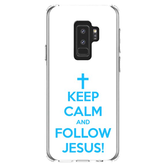 DistinctInk Clear Shockproof Hybrid Case for Samsung Galaxy S9  PLUS (6.2" Screen) - TPU Bumper, Acrylic Back, Tempered Glass Screen Protector - Keep Calm and Follow Jesus - Christ