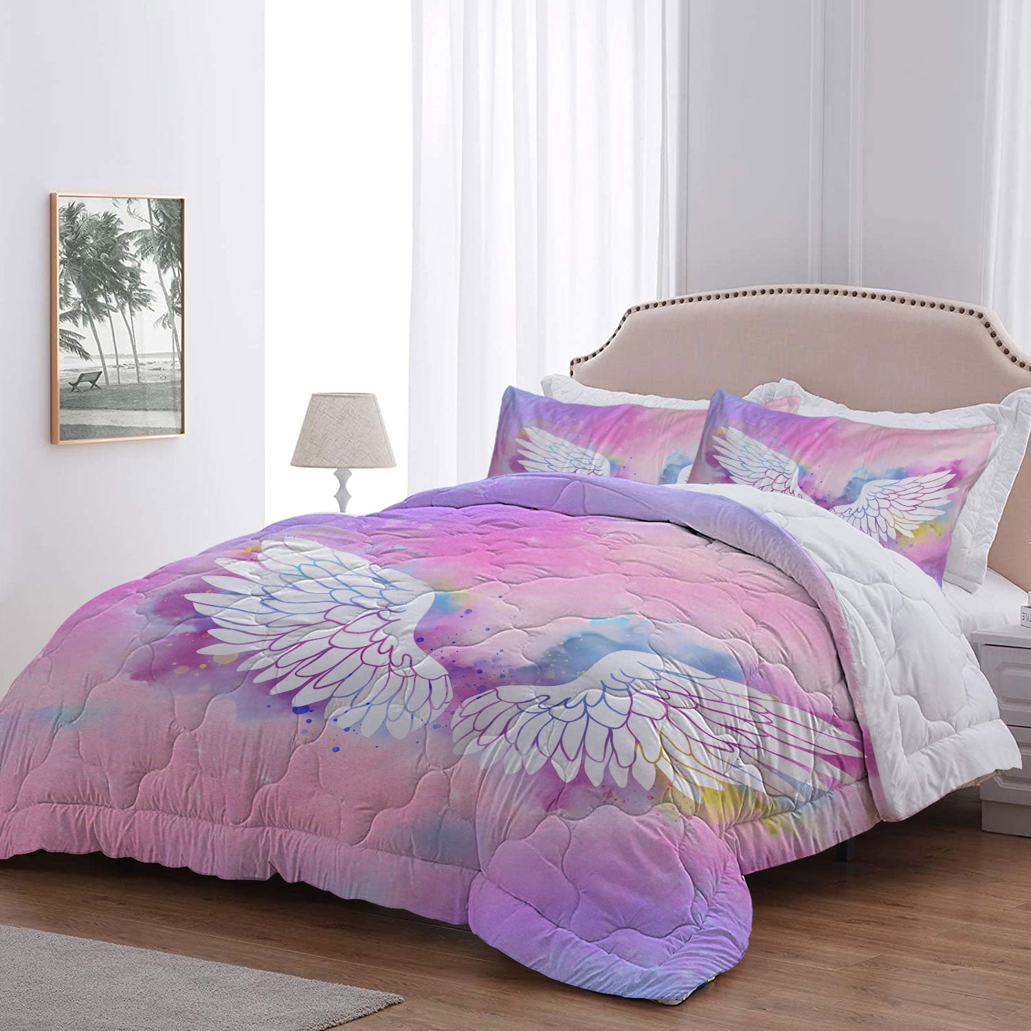 BlessLiving Angel Wings Comforter Set Queen Size, 3PC Pink Bedding Sets