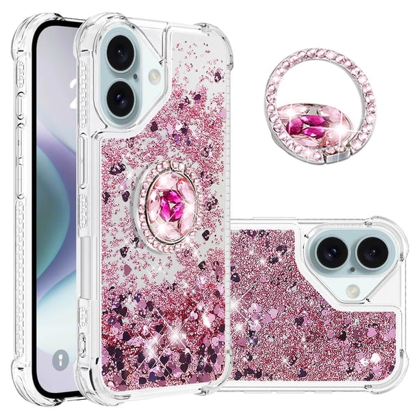 Funda para iPhone 16 Plus con Brillo Líquido Flotante, Purpurina, Parachoques y Anillo Giratorio Soporte