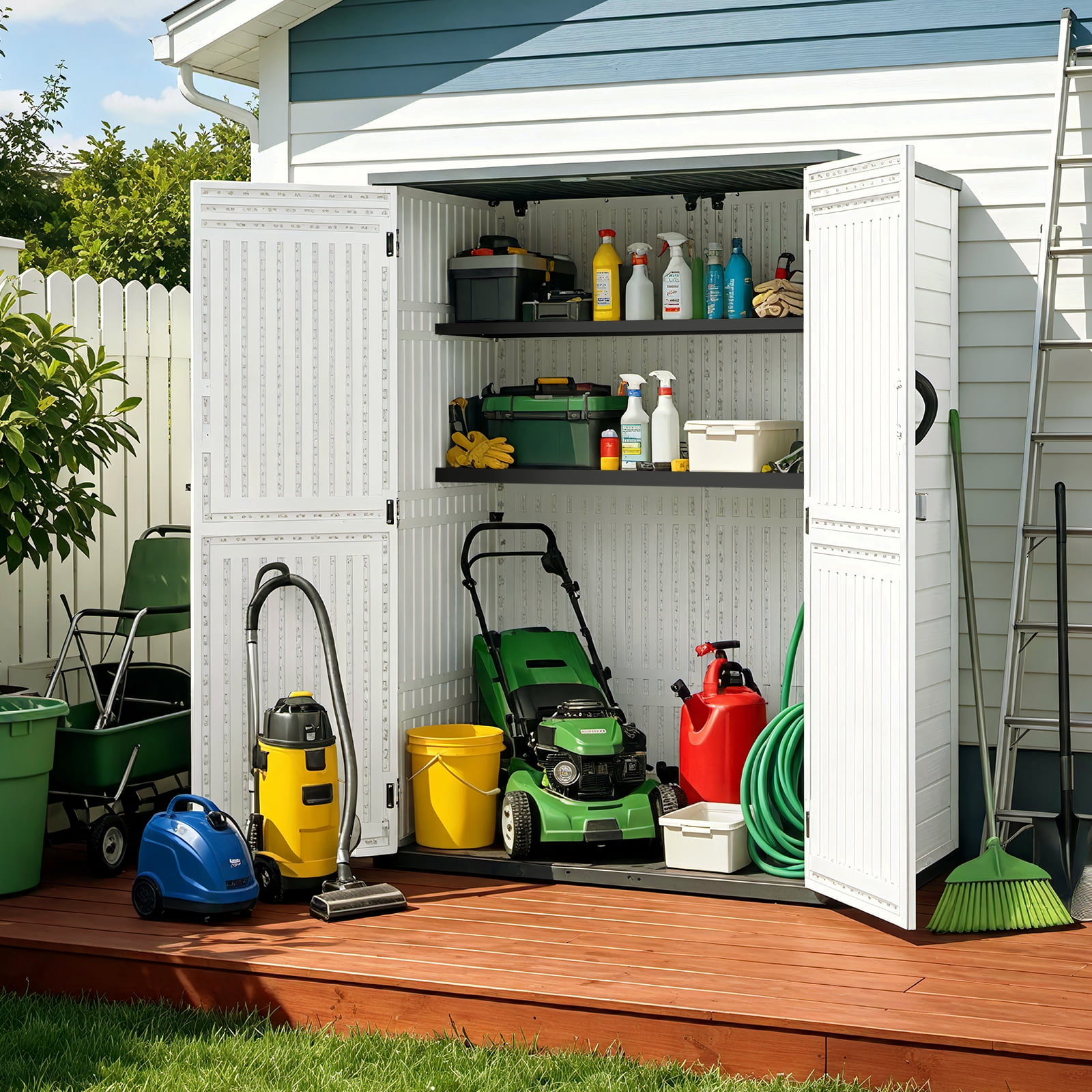ZYJOYY Outdoor Storage Cabinet, 60 Cu. Ft. Resin Vertical Storage Shed with Floor, Lockable Waterproof Storage for Garden Tools, Pool Supplies & Patio Essentials, Grey