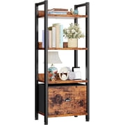 CONCETTA 4 Tier Bookshelf with Drawer, Tall Narrow Bookcase with Shelves, Wood and Metal Storage Organizer for Bedroom, Living Room, Rustic Brown