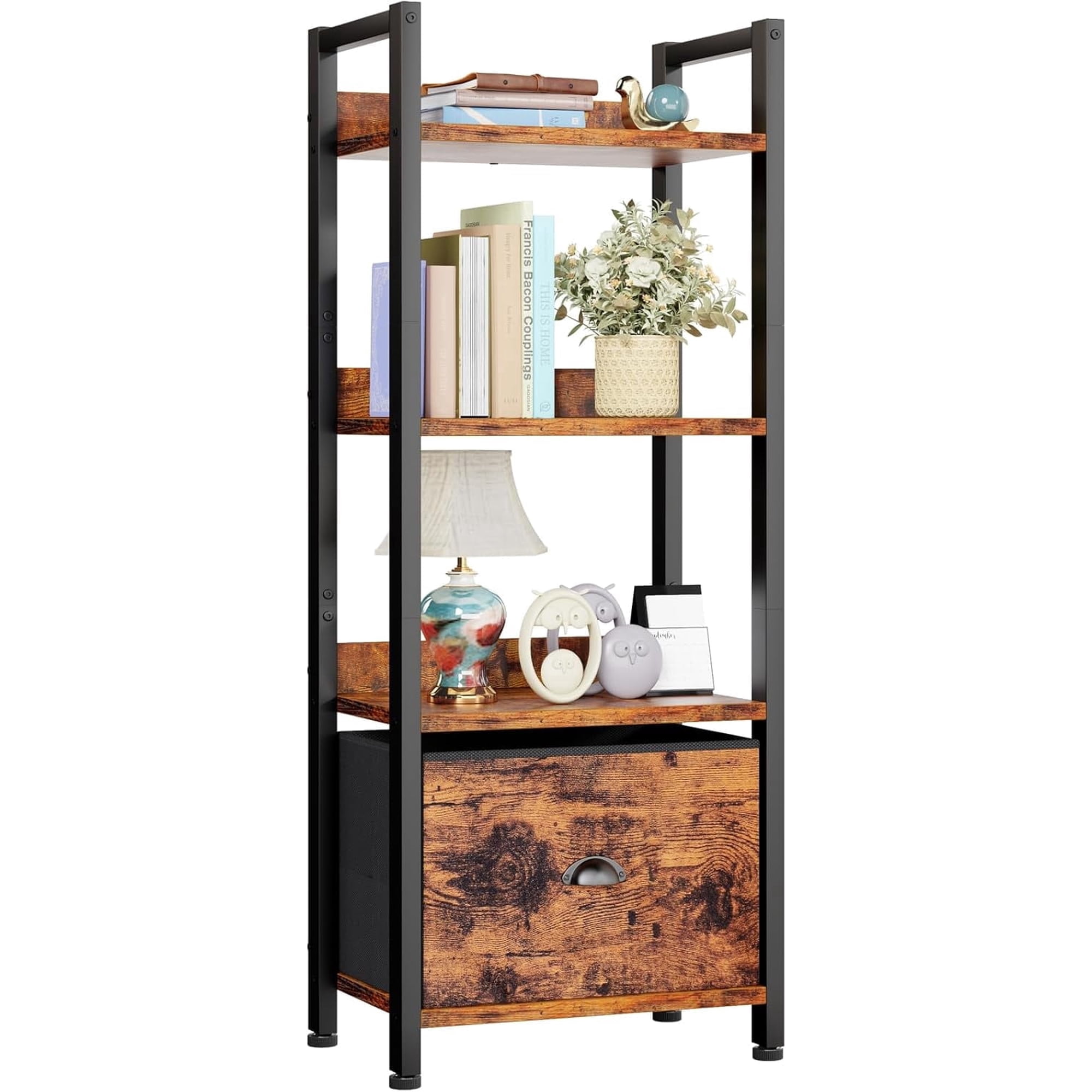 CONCETTA 4 Tier Bookshelf with Drawer, Tall Narrow Bookcase with Shelves, Wood and Metal Storage Organizer for Bedroom, Living Room, Rustic Brown