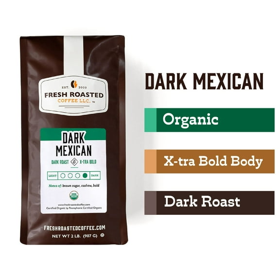 Fresh Roasted Coffee, Organic Dark Mexican Coffee, Dark Roast, Whole Bean, 32 oz 2 lbs