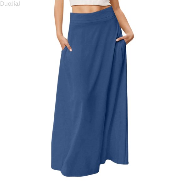 DuoJiaJ Women's Straight Skirt Casual Basic Solid Midi Skirt For Daily Wear Outing Spring Summer Fall Versatile Outfit Skirts For Women Blue L