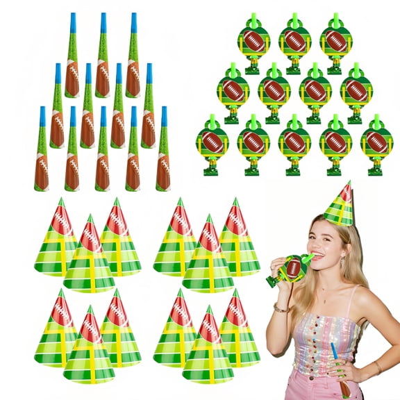 Football Party Supplies, 36pcs Football Birthday Favors Set - 12 Football Party Hats, 12 Super Bowl Blowers & 12 Horns for Super Bowl & Football Celebration Party