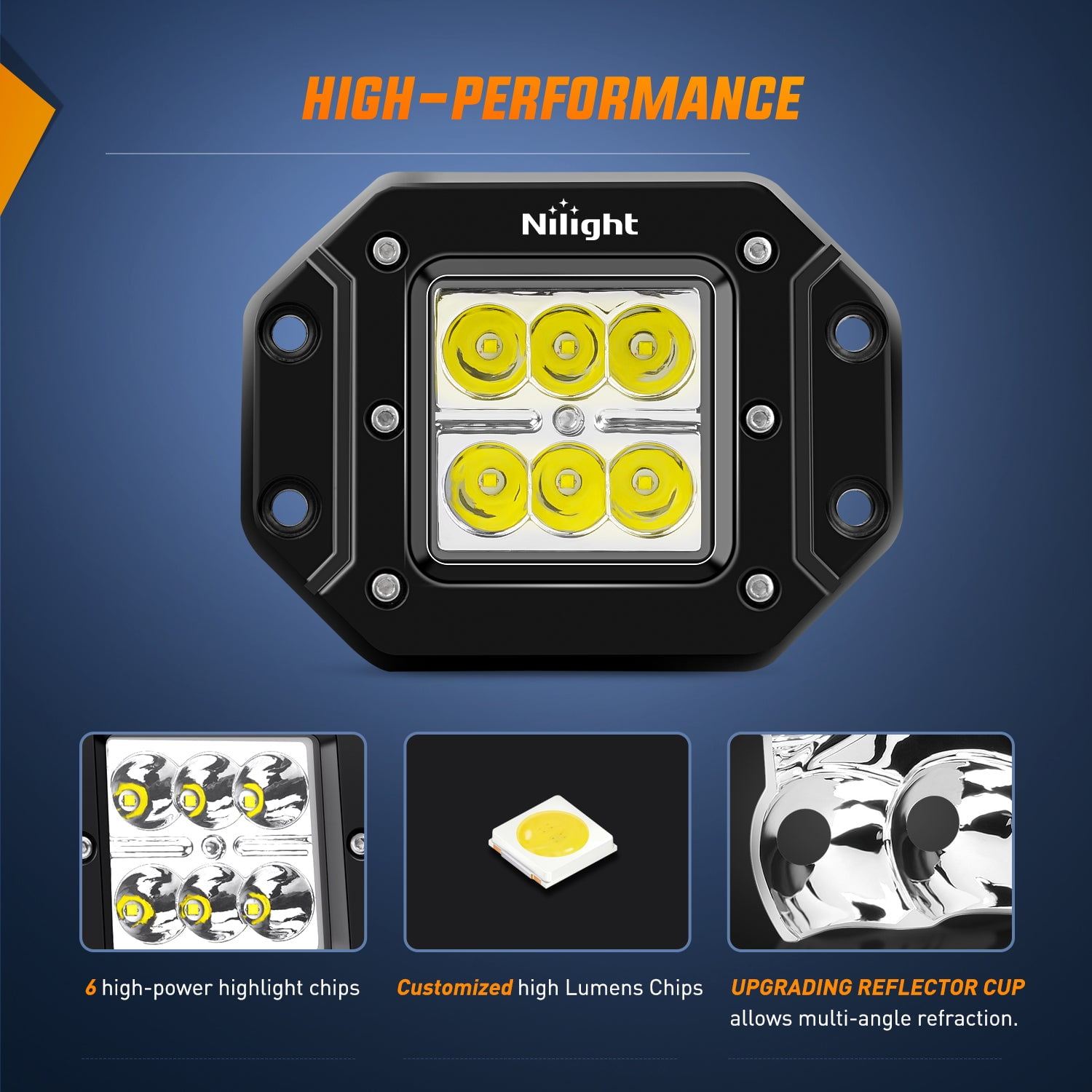Nilight W1423S-B 2PCS 18W Spot Beam 4.8inch LED Work Light Driving Lights Led Light Bar Off Road Led Lights Flush Mount for Jeep Truck Tacoma Bumper ATV UTV