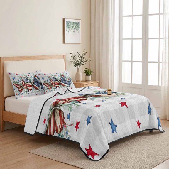 3 Piece Summer Bed Quilt Set Twin XL Size,July 4th Butterfly on Grey Buffalo Lightweight Bedspread Coverlet with 2 Pillowcases Red Blue Stars Soft Comforter Bedding Quilts for All Season