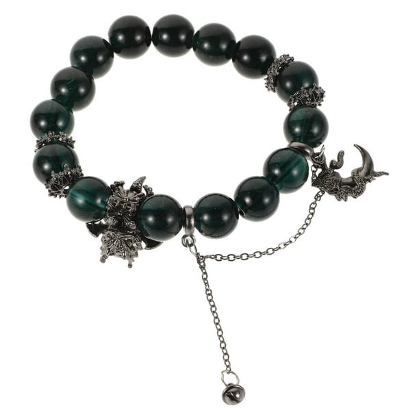Pulsera unisex de cuentas de piedra oscura, pulsera antigua con dijes de serpiente, luna y dragón para uso diario, pulsera decorativa de cuentas