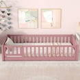 thumbnail image 3 of PAPROOS Twin Montessor Floor Bed, Solid Wood Toddler Bed with Safety Guardrail and Door, Easy Assembly, Low-to-Floor Bed Frame with Slats for Kids, Pink, 3 of 7