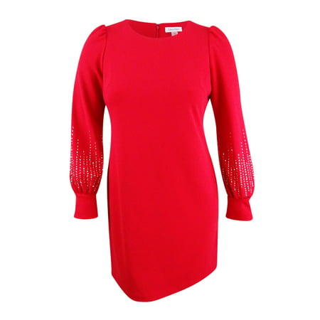 UPC 191797912369 product image for CALVIN KLEIN Womens Red Embellished  Sleeves Long Sleeve Crew Neck Mini Shift Pa | upcitemdb.com