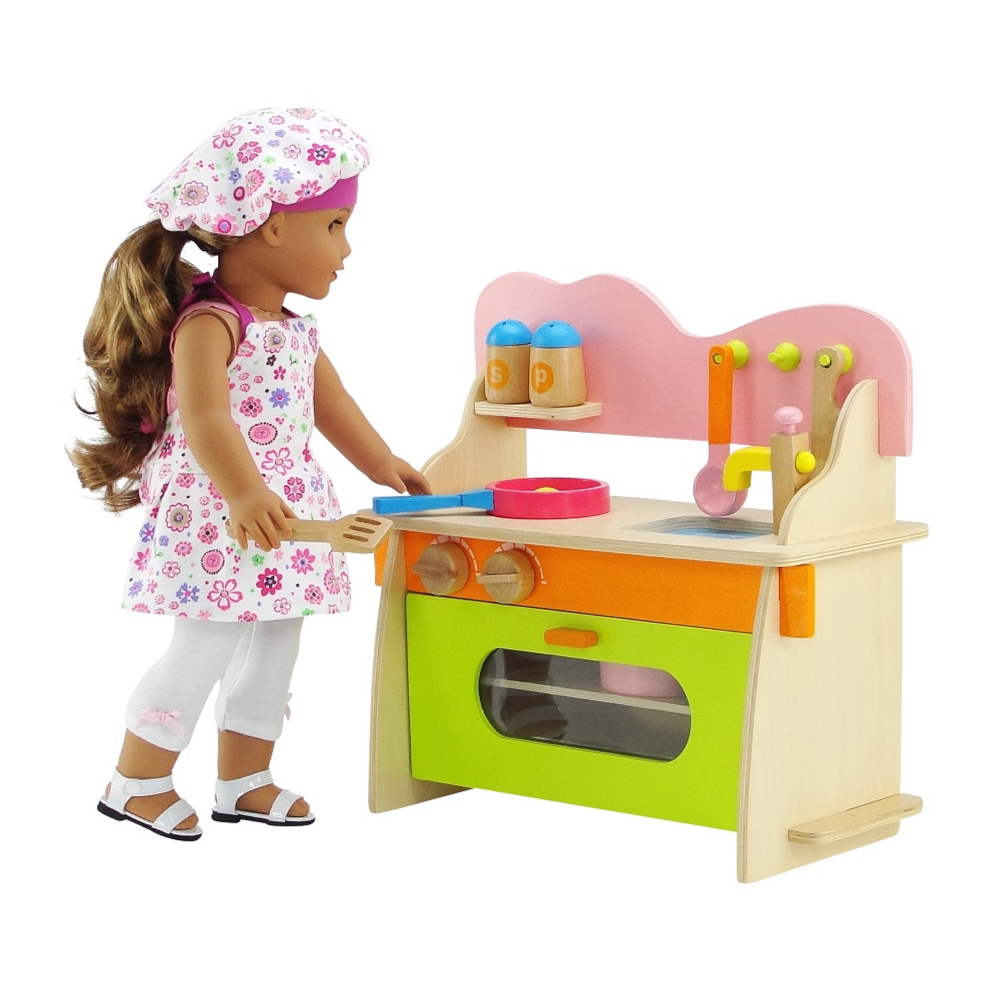18 Inch Doll Furniture Amazing Green And Pink Kitchen Oven Stove Sink Combo And Refrigerator Value Pack With Over 20 Wooden Food Pieces And Accessories Fits American Girl Dolls Walmart Com Walmart Com