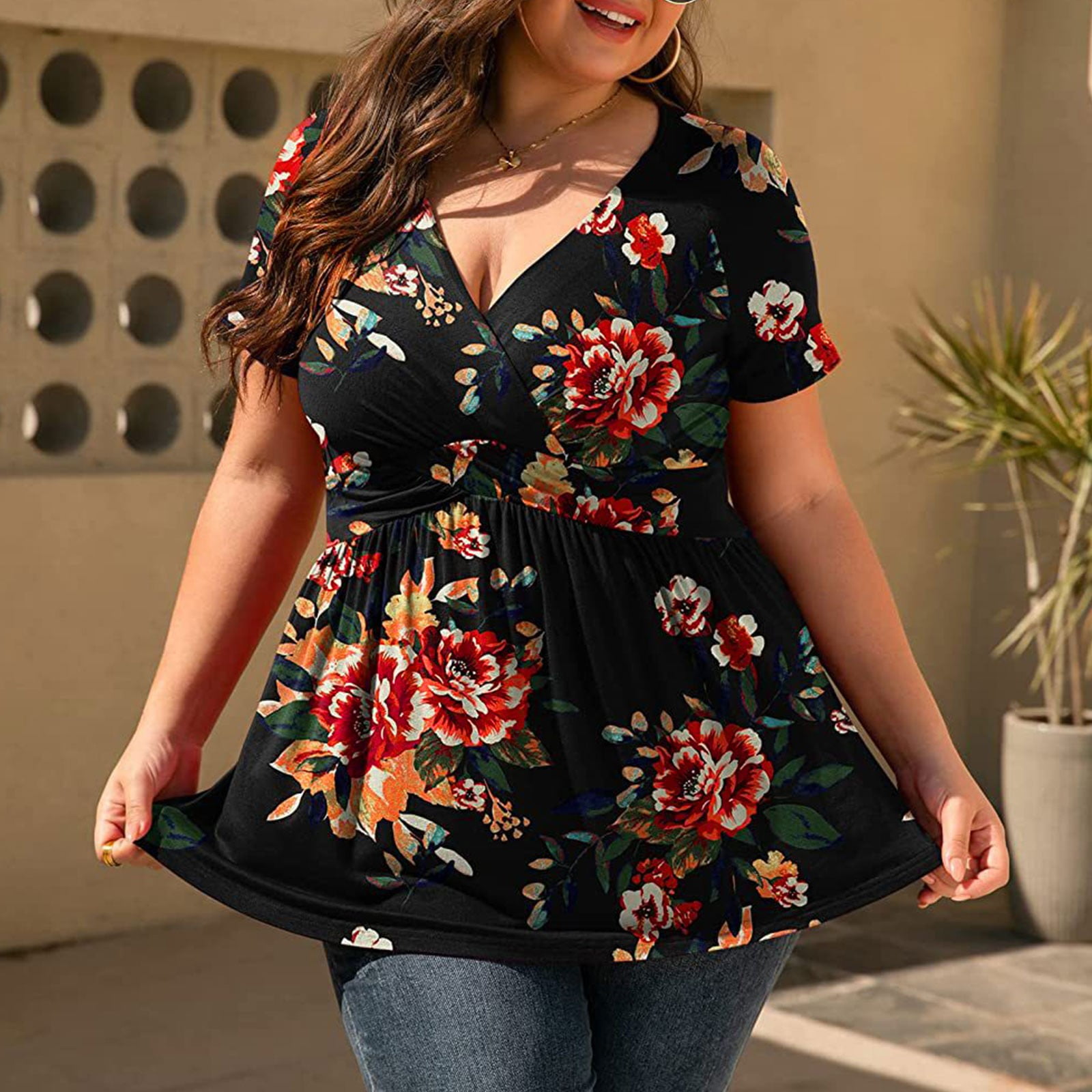 Womens Shirt V Neck Blouses for Women New and Border foreign Trade Hot Printed T Shirt Women s Tops Plus Size Adult Female Clothes Black Size L