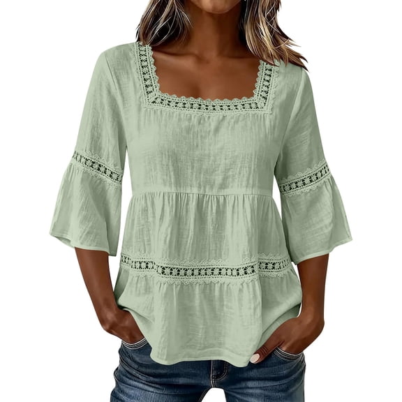 3/4 Sleeve Tops for Women Womens Shirts Dressy Casual Ladies Boho Summer Tops Business Casual Outfits Work Tees Hollow Out Crochet Lace Trim Peasant Tops for Women Green L