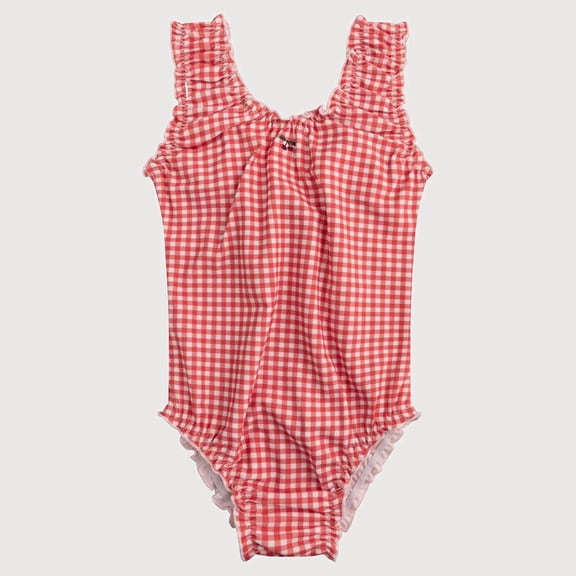Gyujnb One-Piece Swimsuit with Gingham Print and Cherry Embroidery Cute Swimwear (Baby, Little Girls),3-4 Years