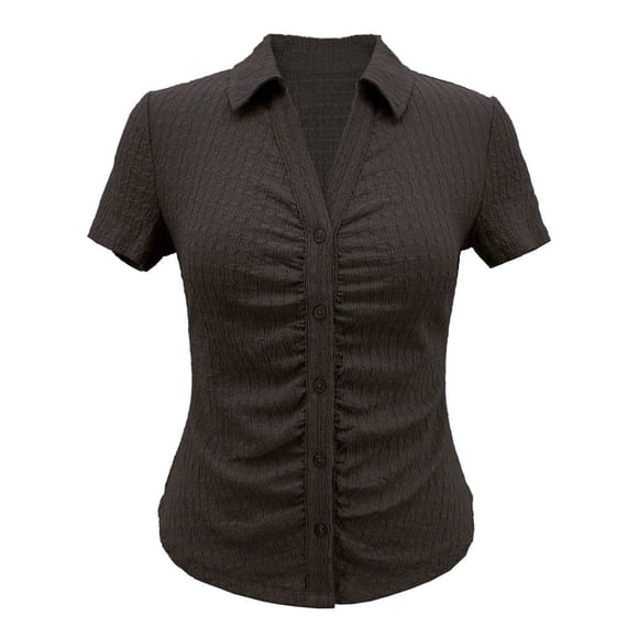 Blusa George para Mujer Tipo Polo, Manga Corta, Pliegues y Botones en Pecho Café Talla G