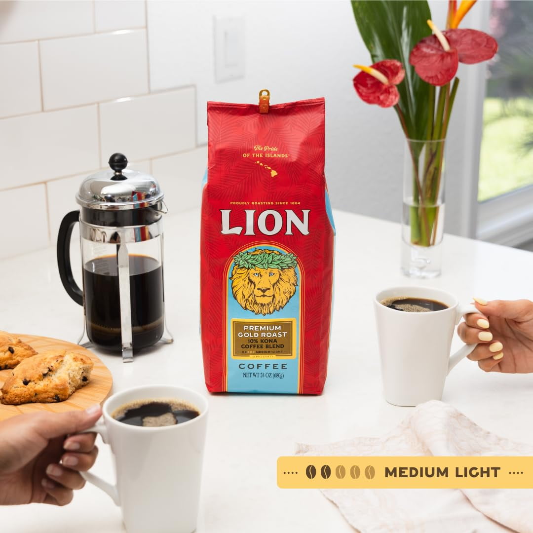 Lion Coffee Premium Gold Roast Ground Coffee, 10% Kona Blend, Medium-Light Roast, 24 oz