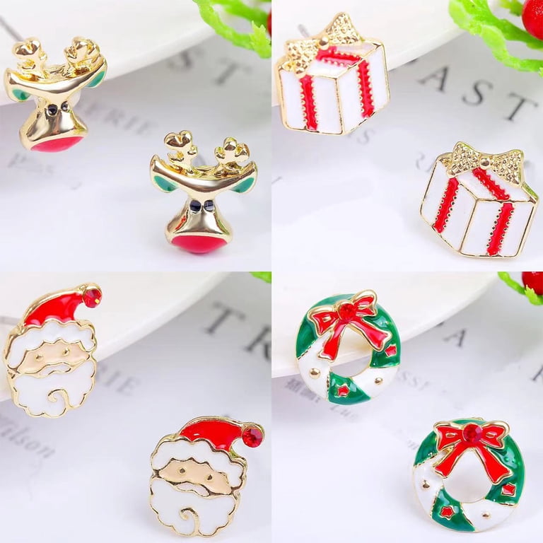 Christmas Earrings For Women - 4 Pair Cute Holiday Dangle Earrings (Santa, Tree, Snowflake) Stocking Stuffers