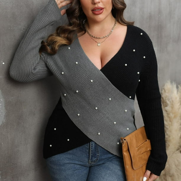 Suéter de cuello en V para mujer, con bloques de color, otoño e invierno, manga larga, talla grande, poliéster.