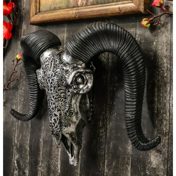 Silver Tribal Floral Vines Tooled Filigree Corsican Ram Cow Skull Wall Decor
