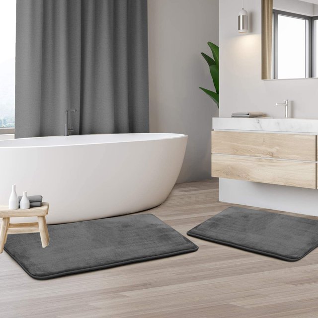 Clara Clark Bath Mat Set \u2013 Memory Foam Bath Mat - Soft Bathroom Rug - Non Slip and Super Absorbent - Fast Drying Machine Washable Bath Mat Set of 2 20 x 32, 17 x 24, Grey