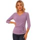 thumbnail image 1 of Top acanalado de decoración de botones de punto sólido de las mangas del cuello en V de las mujeres 3/4 Gris VioleM Allegra K, 1 of 5