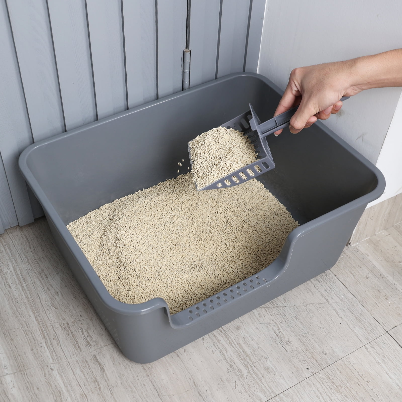 Yuright Plastic High Side Cat Litter Boxes with Scoops, 4 Pack Gray Open Top Litter Trays
