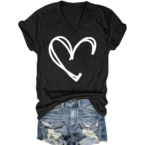 ALLLIST Women's Tops Plus Size Going Out V Neck Short Sleeve Tee Shirts Trendy Black Love Heart Blouse for Women
