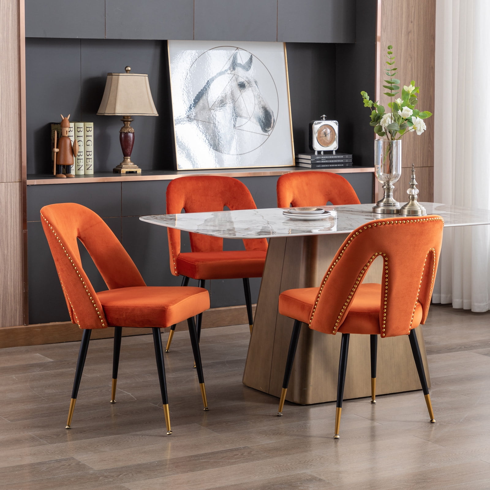 Dining Chairs, Modern Kitchen Dining Room Chairs, Upholstered Dining Accent Side Chairs in Velvet Cushion Seat with Nailheads and Gold Tipped Black Metal Legs (Set of 6)
