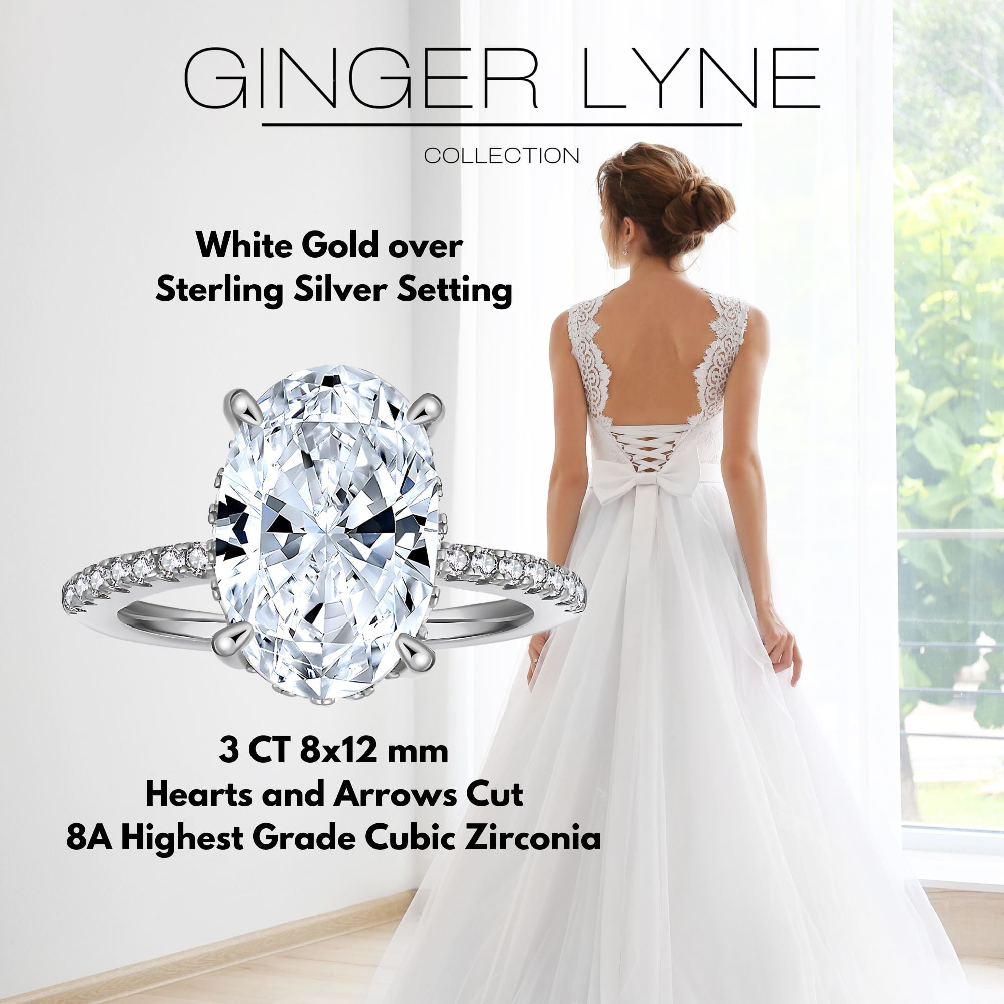 Solitaire 3 Ct Oval Engagement Ring for Women Sterling Silver CZ Ginger Lyne Collection Size 6