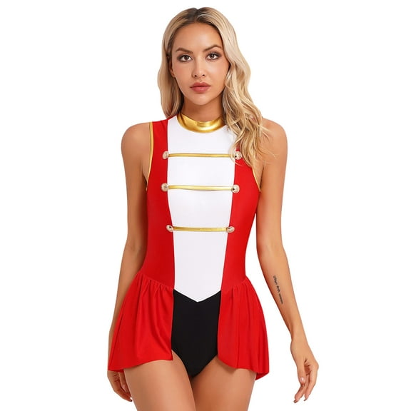 Haitryli Womens One Piece Circus Ringmaster Cosplay Costume Sleeveless Skirted Bodysuit Uniform Red M