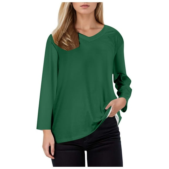 Puliio T-Shirts For Women's Trendy V-Neck Three Quarter Sleeve T Shirt Simple Casual Solid Color Slim Blouse Basic Tee Tops