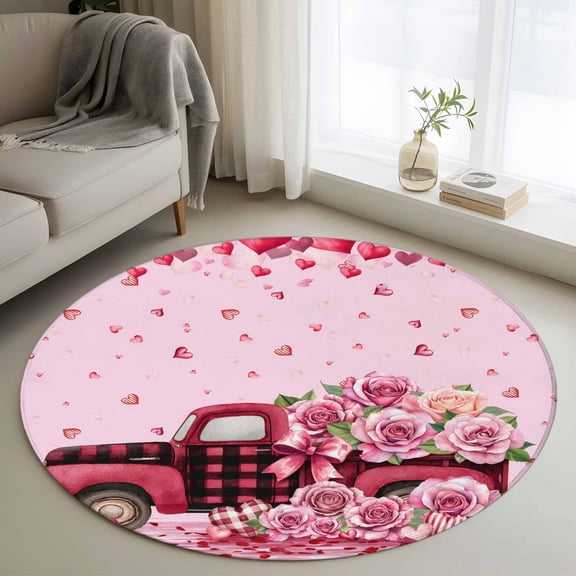 Round Area Rug 4 Ft, Valentine's Day Washable Non-Slip Circle Carpet for Living Room/Bedroom, Romantic Love Roses Truck Ombre Pink Low-Profile Crawling Mats Collection Rugs for Indoor
