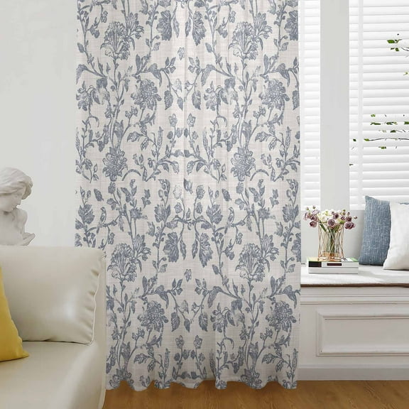 Blue Floral Semi Sheer Curtains Drapes for Living Room, Bedroom, French Doors Window 108 Inches Long, Farmhouse Vintage Flower Leaf Botanical Rod Pocket Chiffon Curtain Drapery Voile Draperies Panel