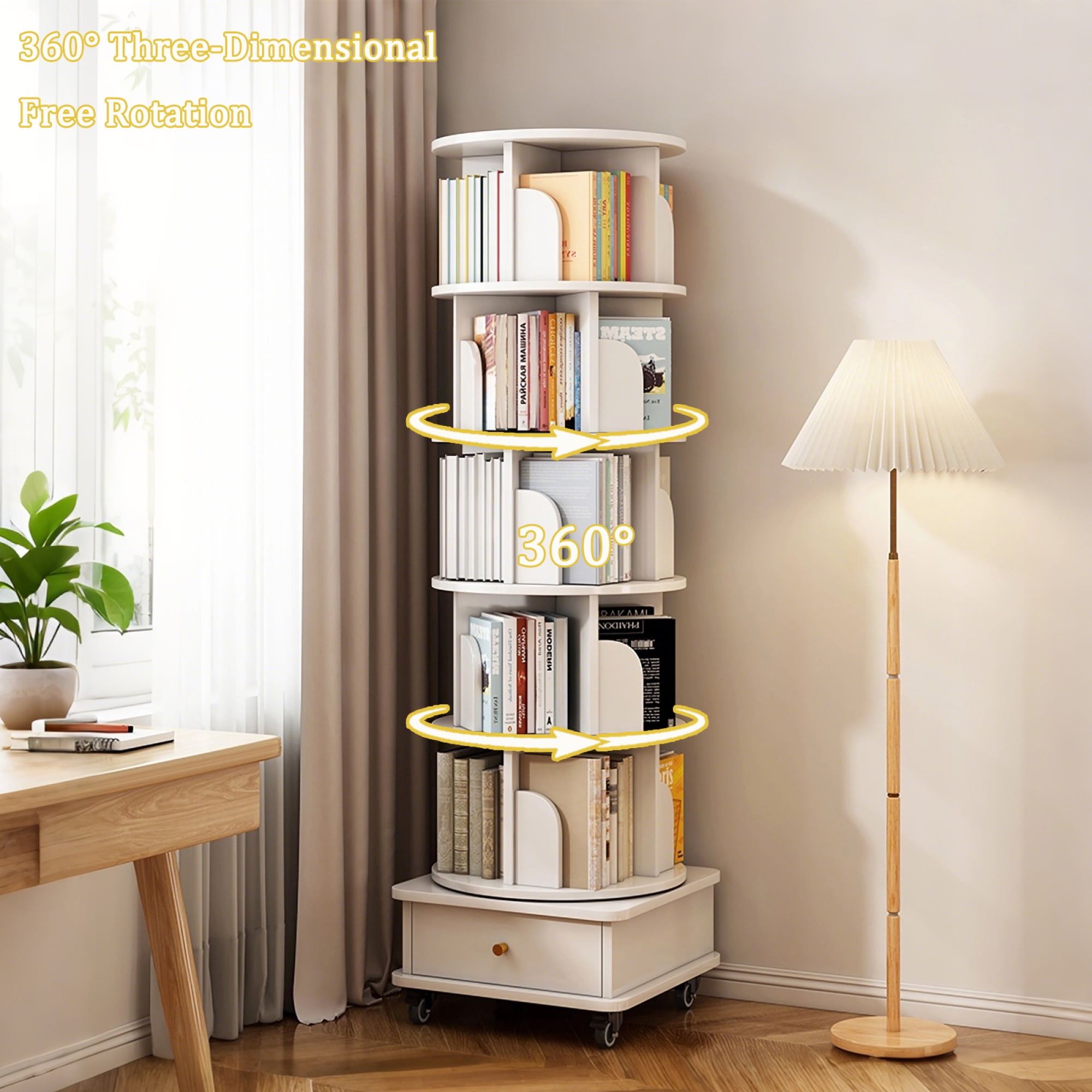 Jopath 6 Tier Rotating Bookshelf, 360° Display Round Spinning Bookshelf with Wheels and Drawer, Space-Saving, Small Space Rotating Bookshelf Tower for Bedroom,Office, Warm White