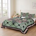 thumbnail image 3 of Spring Abstract Floral Twin Size Quilt Set Lightweight Bedspread Coverlet Set, Green Pink Geometric Flowers Grid Border Quilted Bedding Cover with 2 Pillow Shams for All Season Layering 68"x86", 3 of 9